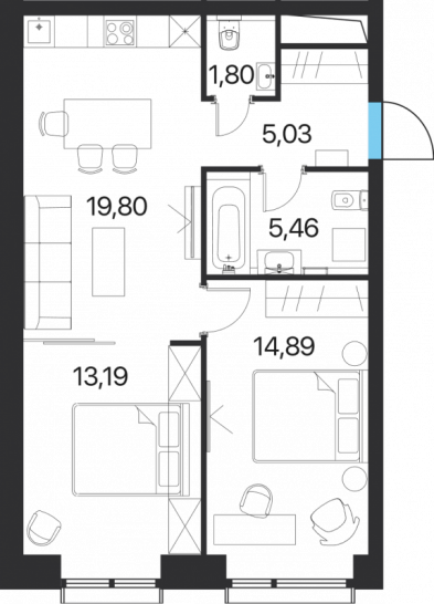 Двухкомнатная квартира 60.17 м²