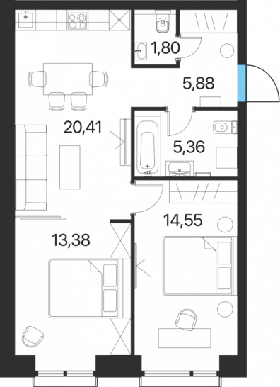 Двухкомнатная квартира 61.38 м²