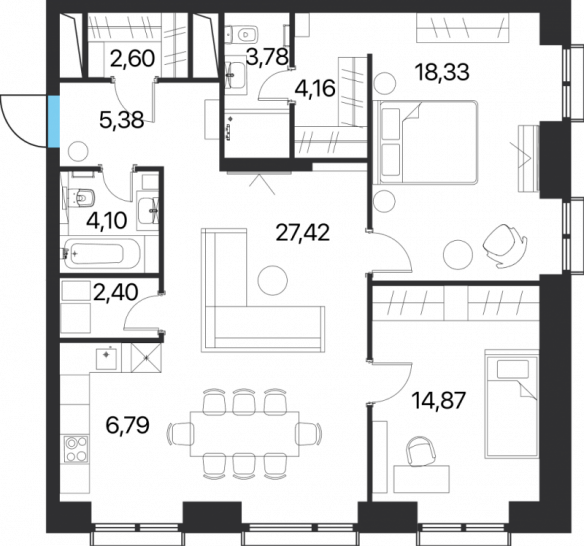 Трёхкомнатная квартира 89.83 м²