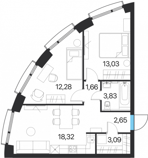 Двухкомнатная квартира 54.86 м²