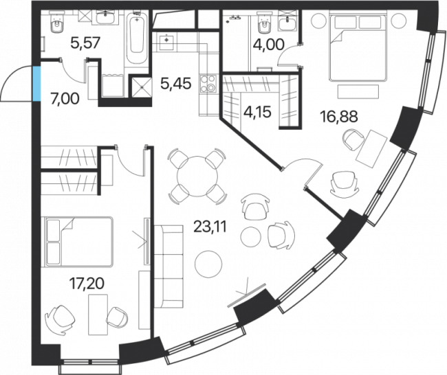 Трёхкомнатная квартира 83.36 м²