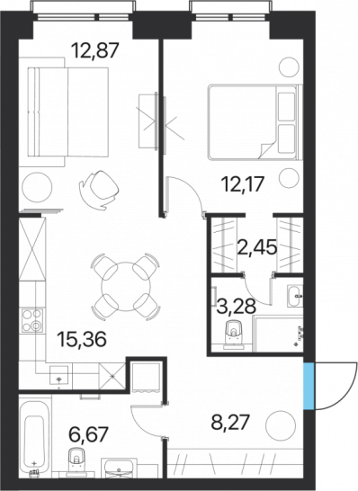 Двухкомнатная квартира 61.07 м²